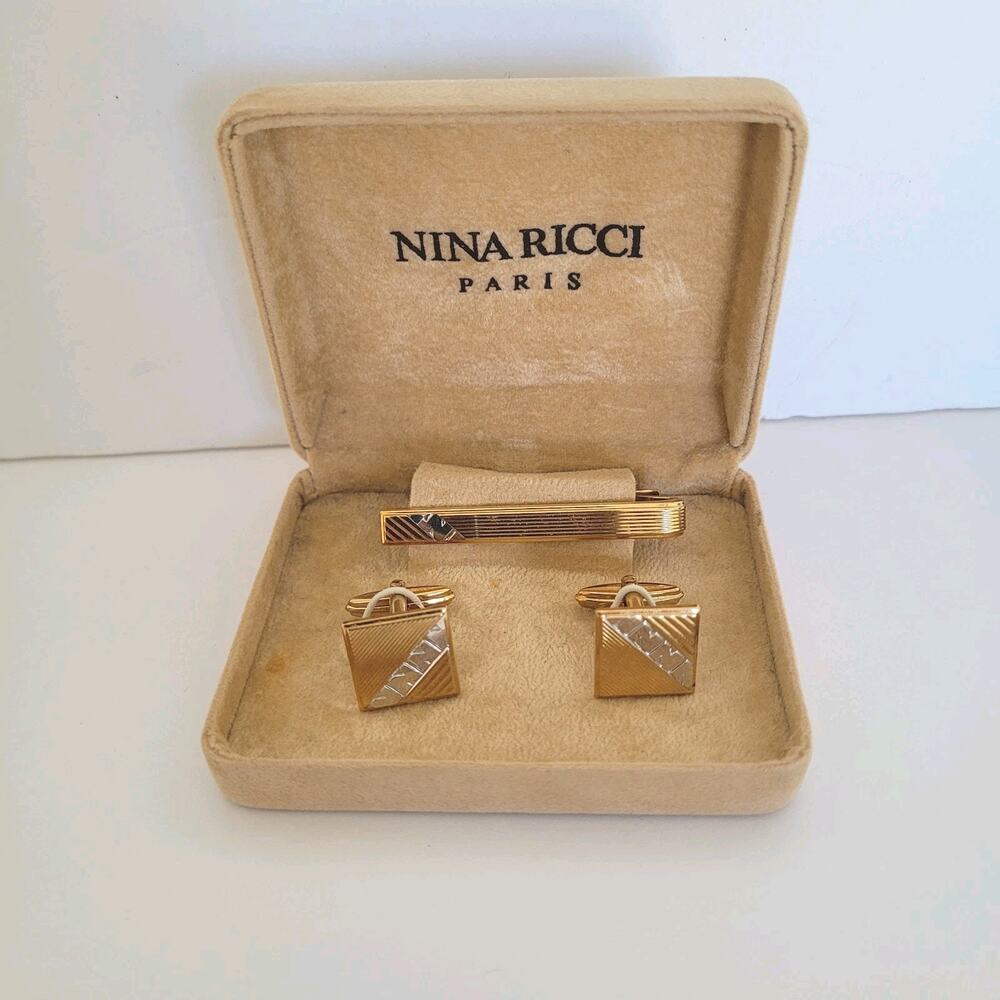 Nina Ricci French Tie Bar Clip Cufflinks Set Gold‎ Silver Tone Logo Two Tone Box